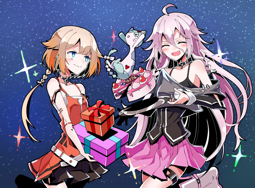 2girls, ahoge, animal, black_shirt, black_skirt, blue_eyes, blush, boots