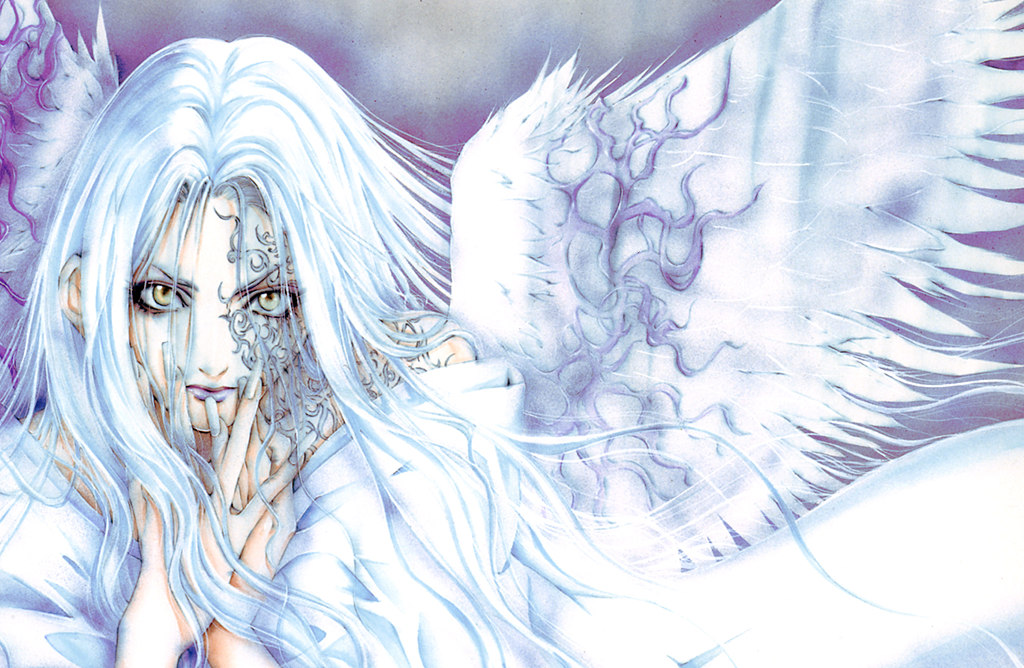angel, angel_sanctuary, angel_wings, artbook, fingernails, lipstick, long_hair, lost_angel, male, nails, rosiel, tattoo, trap, white_hair, wings, yellow_eyes, yuki_kaori