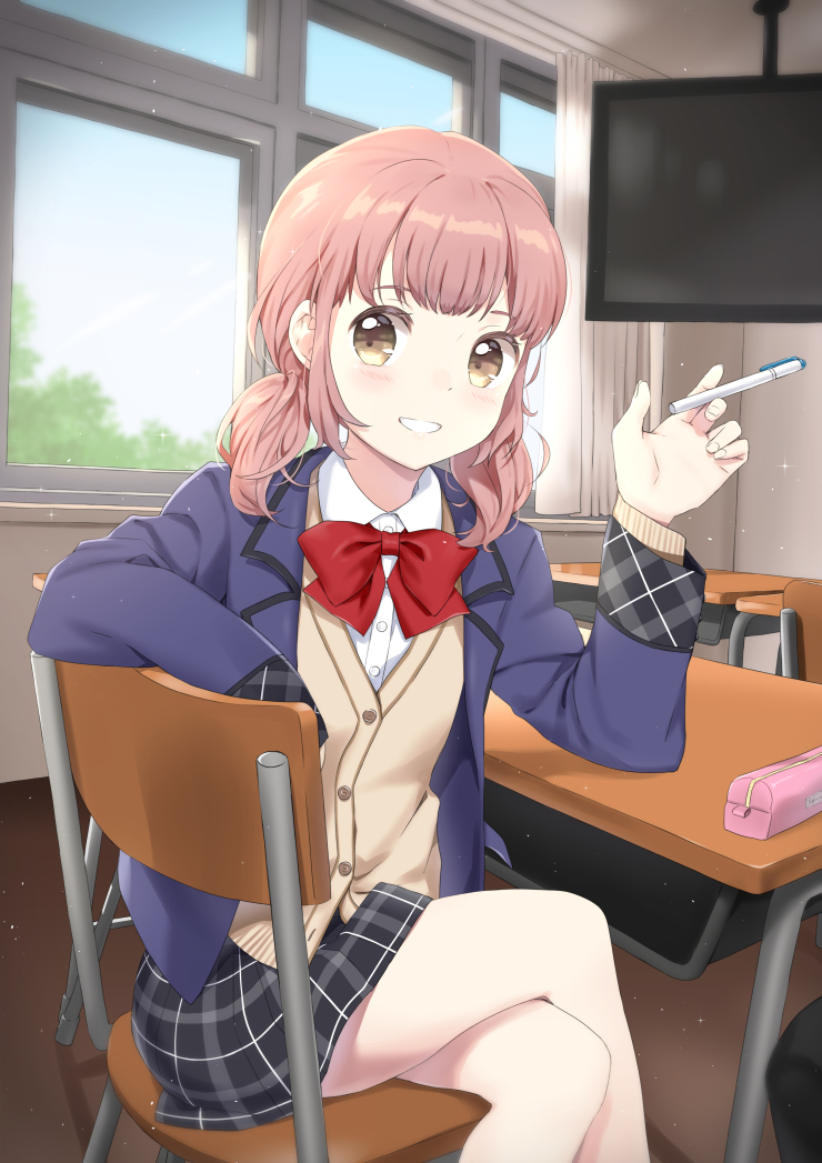 1girl, arm_rest, bangs, between_fingers, blazer, bow, bowtie, brown_eyes