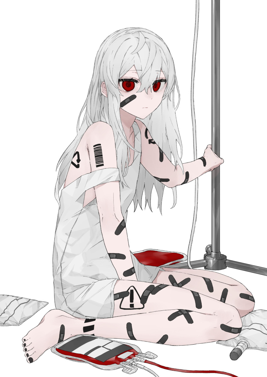 !, 1girl, absurdres, ahoge, albino, bags_under_eyes, bandaid, bandaid_on_arm
