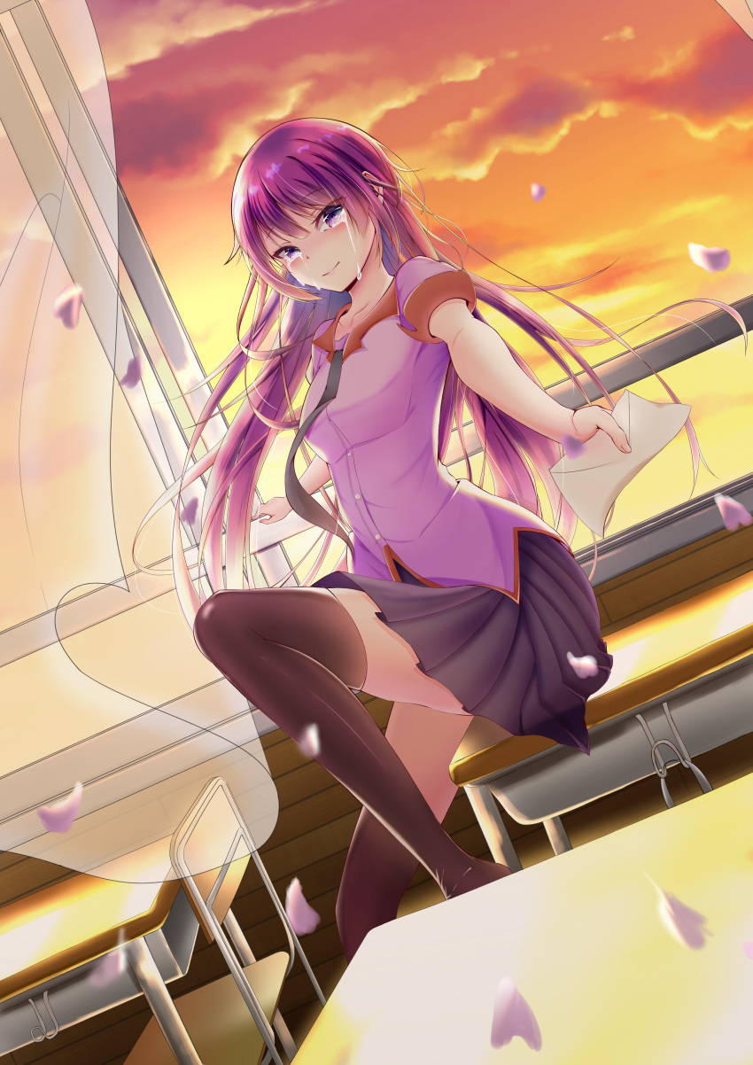1girl, absurdres, bakemonogatari, bangs, black_legwear, blue_skirt, blurry, blurry_foreground