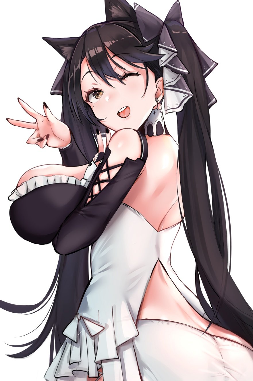 1girl, ;d, animal_ears, arm_between_breasts, ass, atago_(azur_lane), azur_lane, bangs, bare_shoulders, black_dress, black_hair, blush, breasts, brown_eyes, cosplay, dress, earrings, extra_ears, eyebrows_visible_through_hair, formidable_(azur_lane), formidable_(azur_lane)_(cosplay), frilled_dress, frills, from_behind, hair_ribbon, highres, jewelry, large_breasts, long_hair, looking_at_viewer, looking_back, mappaninatta, mole, mole_under_eye, one_eye_closed, open_mouth, ribbon, smile, solo, swept_bangs, twintails, two-tone_dress, two-tone_ribbon, w, white_background