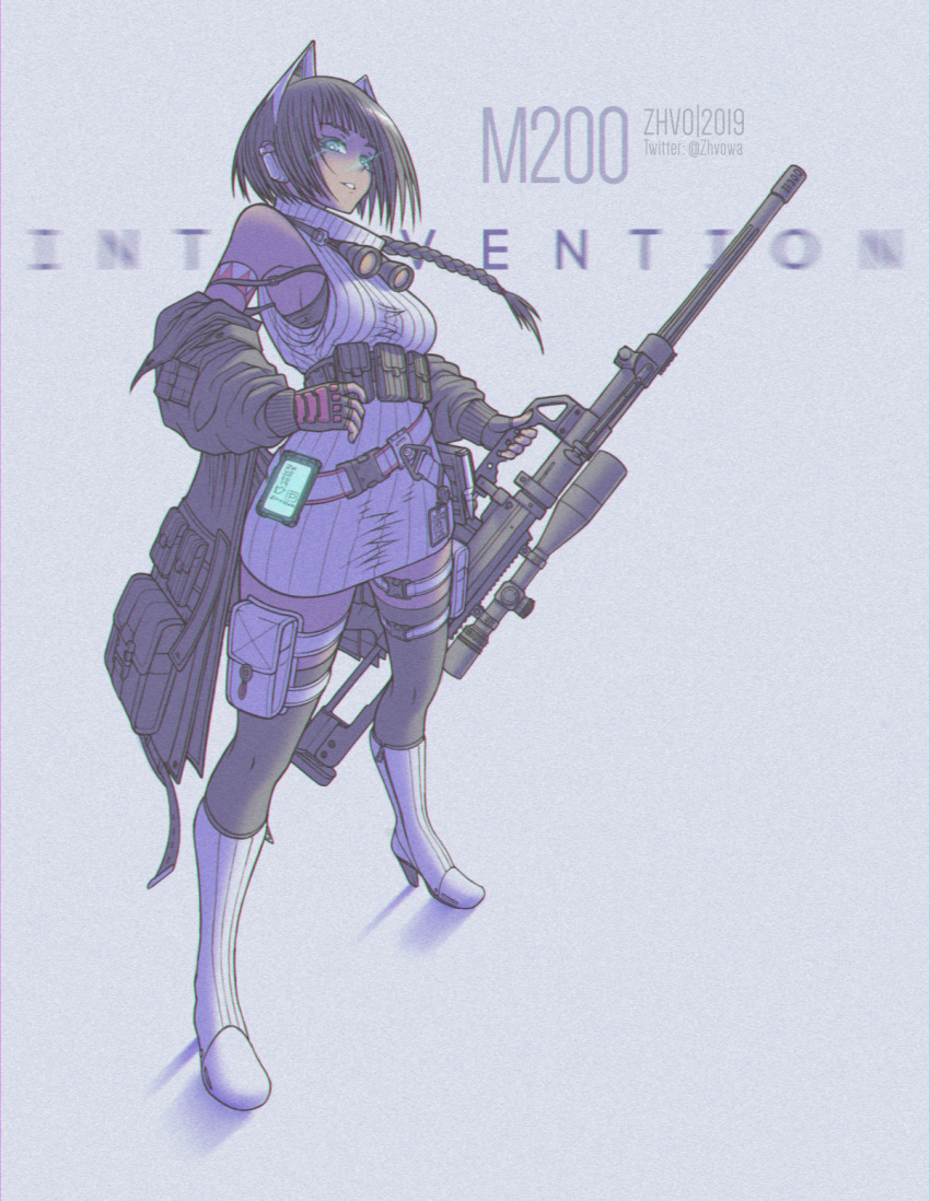 1girl, armband, artist_name, belt, belt_pouch, black_gloves, black_legwear, blue_background
