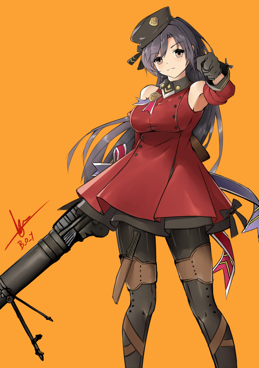 1girl, absurdres, armpits, b_o_y, beret, bipod, black_bow, black_hair