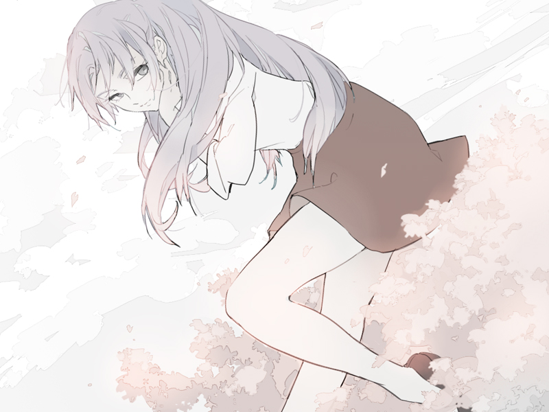 1girl, benten-sama_(uchouten_kazoku), black_footwear, black_skirt, cherry_blossoms, clouds, grey_eyes, grey_hair
