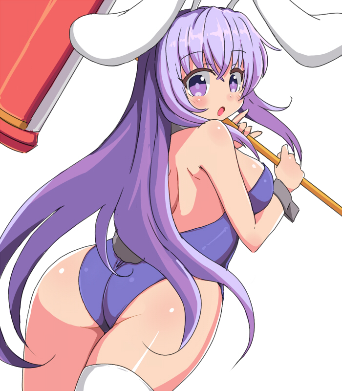 1girl, :o, animal_ears, ass, bangs, bare_arms, bare_back, bare_shoulders, breasts, bunny_girl, bunny_tail, bunnysuit, erina_(rabi-ribi), eyebrows_visible_through_hair, from_behind, hair_between_eyes, hammer, leotard, long_hair, looking_at_viewer, looking_back, medium_breasts, naitou_kouse, purple_hair, purple_leotard, rabbit_ears, rabi-ribi, simple_background, single_thighhigh, solo, tail, thigh-highs, very_long_hair, violet_eyes, white_background, white_legwear, wrist_cuffs