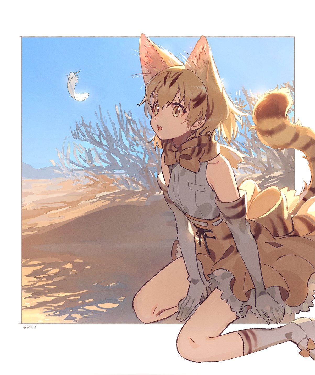 1girl, 48a_1, animal_ears, blonde_hair, blue_sky, cat_ears, cat_tail, day, elbow_gloves, feathers, flat_chest, gloves, highres, kemono_friends, looking_away, open_mouth, sand_cat_(kemono_friends), sand_cat_print, short_hair, sitting, sky, solo, striped_tail, tail, wariza, yellow_eyes