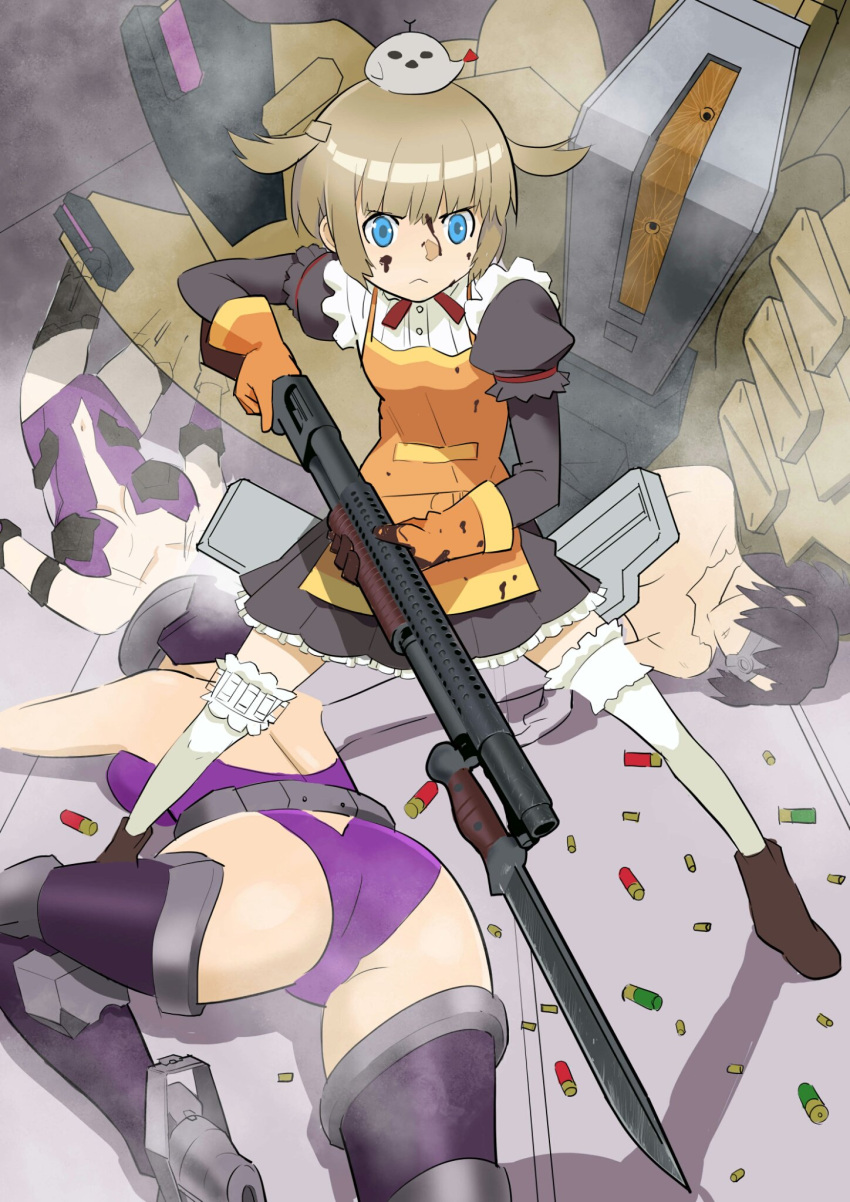 4girls, amehashi_(vdde3724), apron, bayonet, belt, blonde_hair, blue_eyes, boots