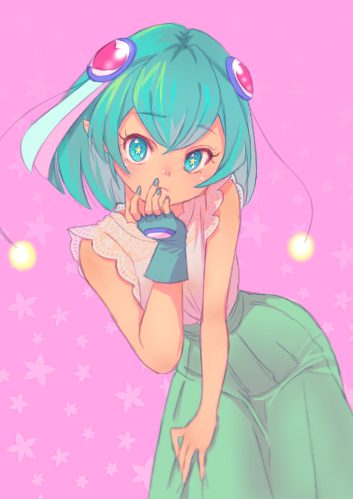 1girl, antennae, aqua_eyes, aqua_hair, aqua_nails, blouse, commentary, cowboy_shot