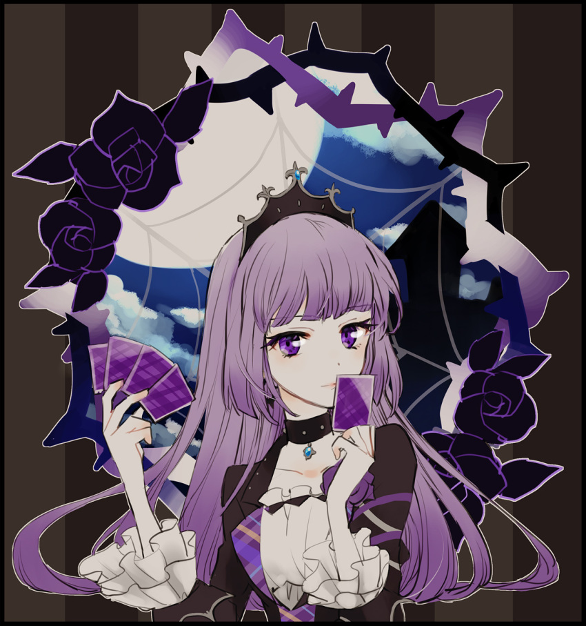 1girl, aikatsu!, aikatsu!_(series), bangs, black_dress, black_flower, black_rose, blunt_bangs