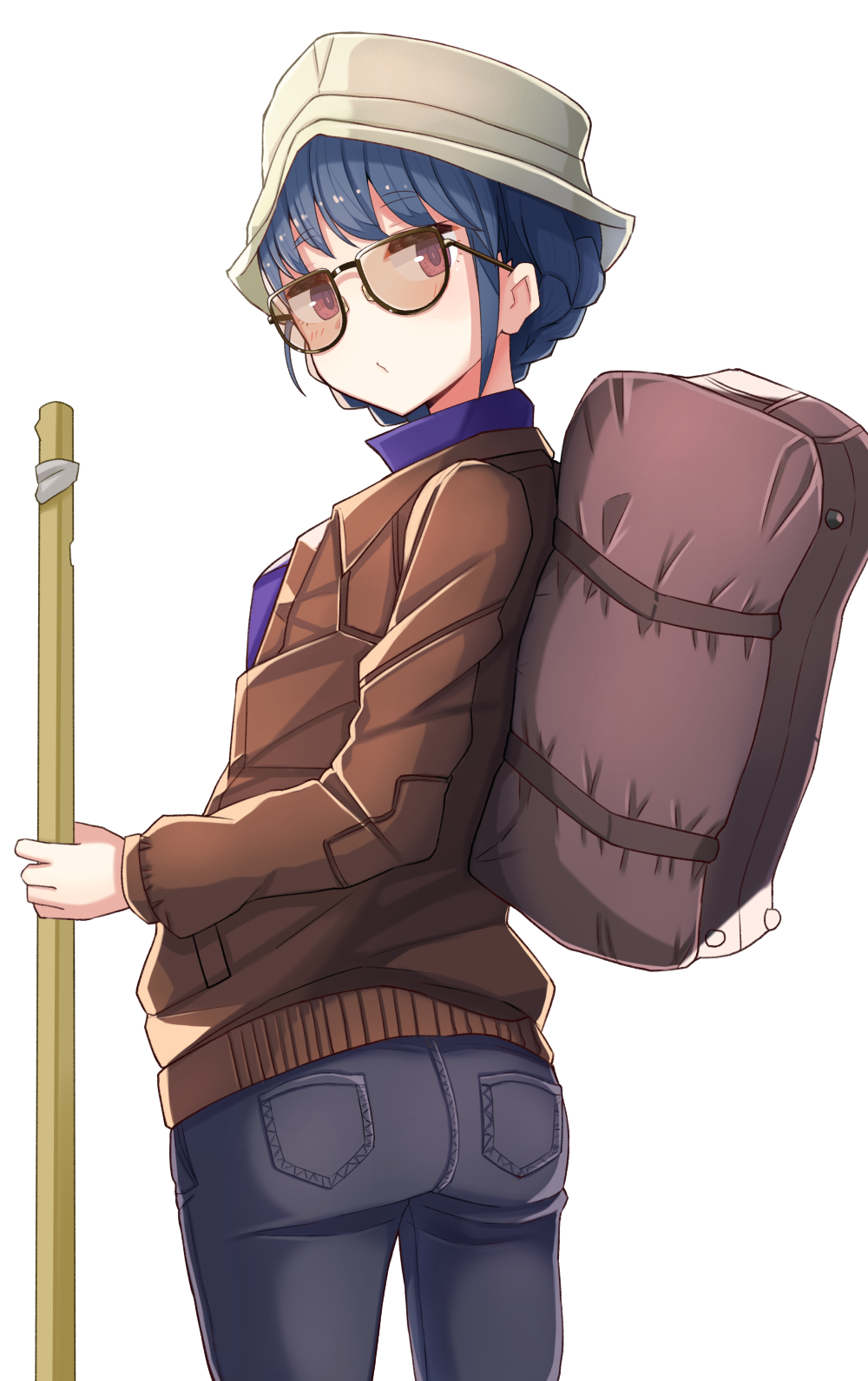 1girl, ass, blue_hair, braid, brown_bag, brown_jacket, cowboy_shot, denim, eyebrows_visible_through_hair, from_side, highres, holding, holding_staff, jacket, jeans, long_sleeves, looking_at_viewer, pants, plan_(planhaplalan), shima_rin, simple_background, solo, staff, suiyou_dou_de_shou, sunglasses, violet_eyes, white_background, white_headwear, yurucamp