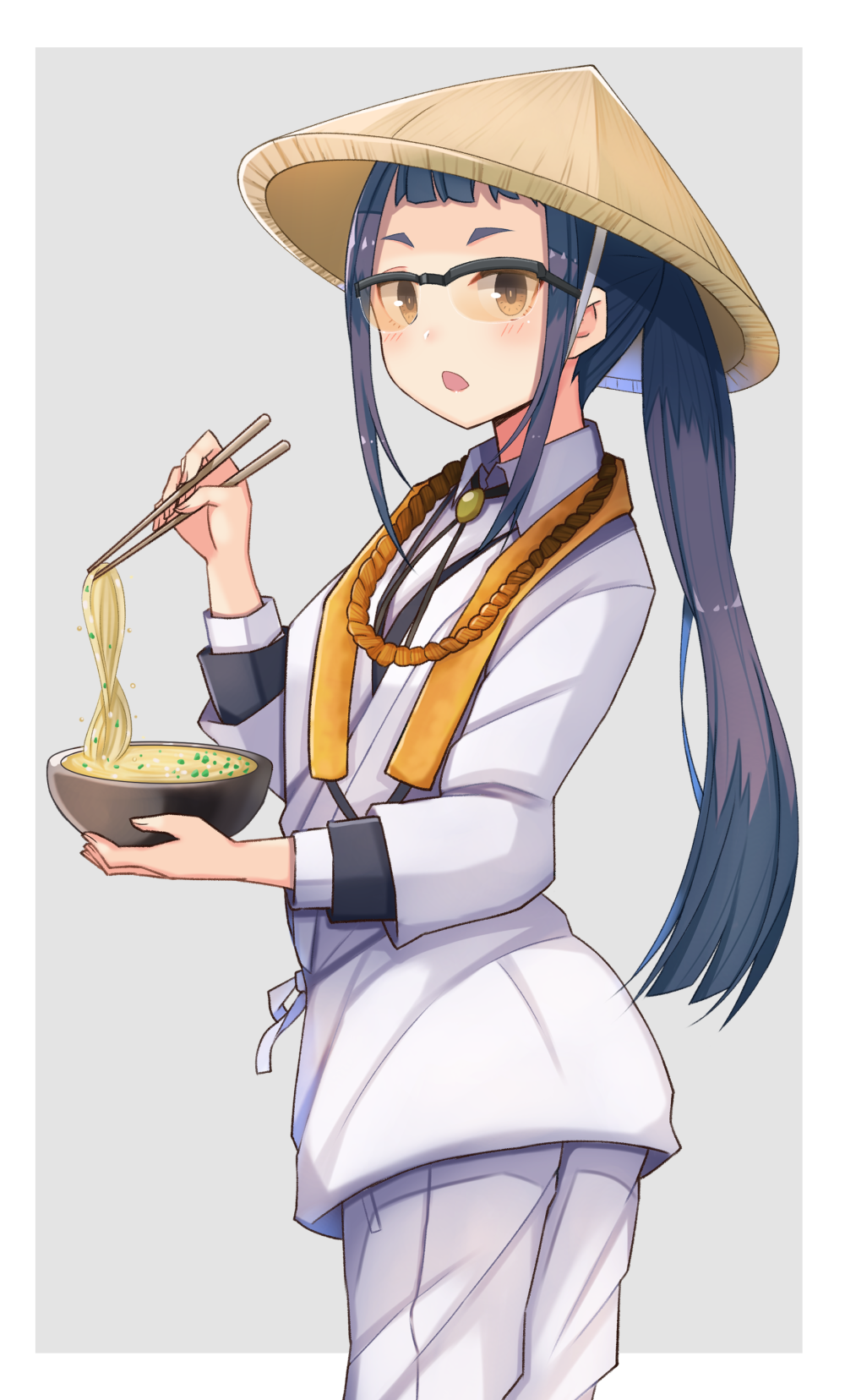 1girl, :o, alternate_costume, alternate_hairstyle, black-framed_eyewear, blue_hair, bowl, brooch
