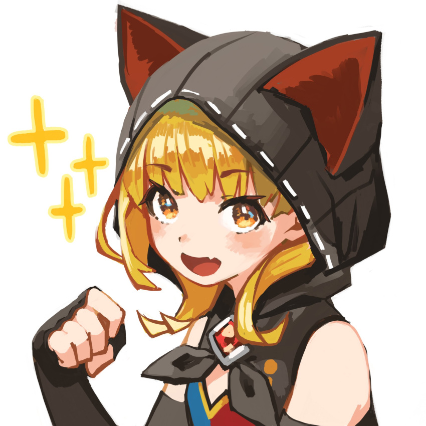 1girl, animal_hood, bare_shoulders, black_gloves, black_hoodie, blonde_hair, blush, boots, cat_hood, dragalia_lost, emma_(dragalia_lost), fang, gauntlets, gloves, highres, hood, konya_(chocolate_palette), looking_at_viewer, open_mouth, paw_pose, short_hair, simple_background, skin_fang, smile, sparkle, upper_body