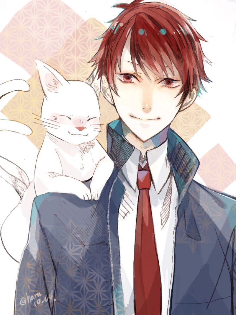 1boy, animal, animal_on_shoulder, artist_name, blue_suit, cat, cat_on_shoulder, closed_eyes