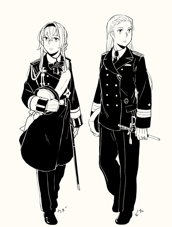 2girls, aiguillette, alternate_costume, alternate_hairstyle, bangs, belt, bismarck_(kantai_collection), breast_pocket