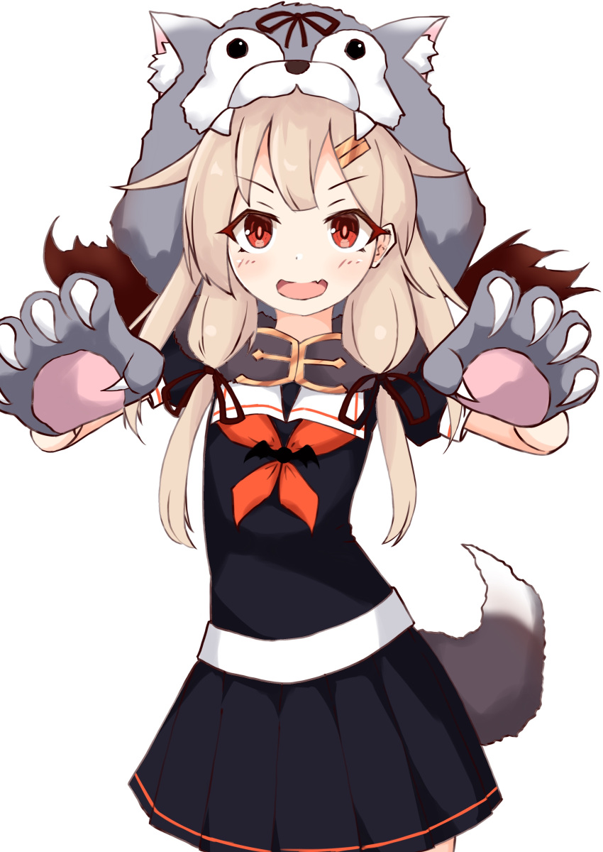 1girl, :d, absurdres, animal_hood, black_serafuku, black_skirt, blonde_hair, commentary_request