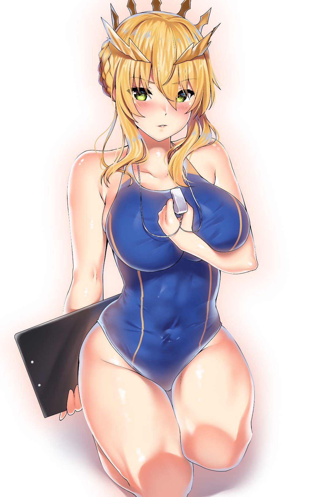 1girl, artoria_pendragon_(all), artoria_pendragon_(lancer), bangs, blue_swimsuit, braid, breasts, clipboard