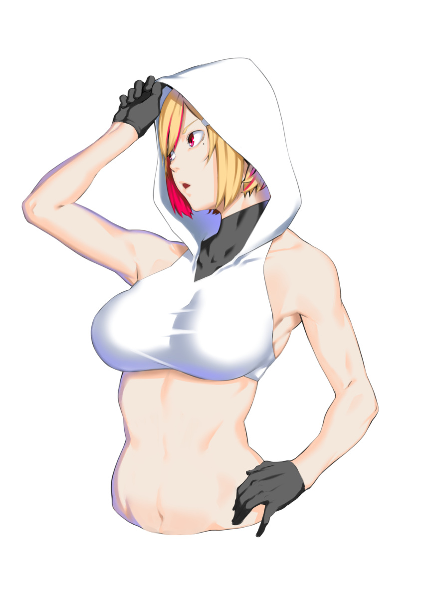 1girl, adjusting_clothes, alvina_(dyun), arm_up, armpits, athletic, bangs, bare_shoulders