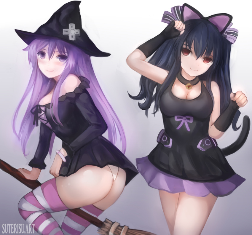 2girls, alternate_breast_size, animal_ears, artist_name, artstation_username, ass, black_hair, breasts
