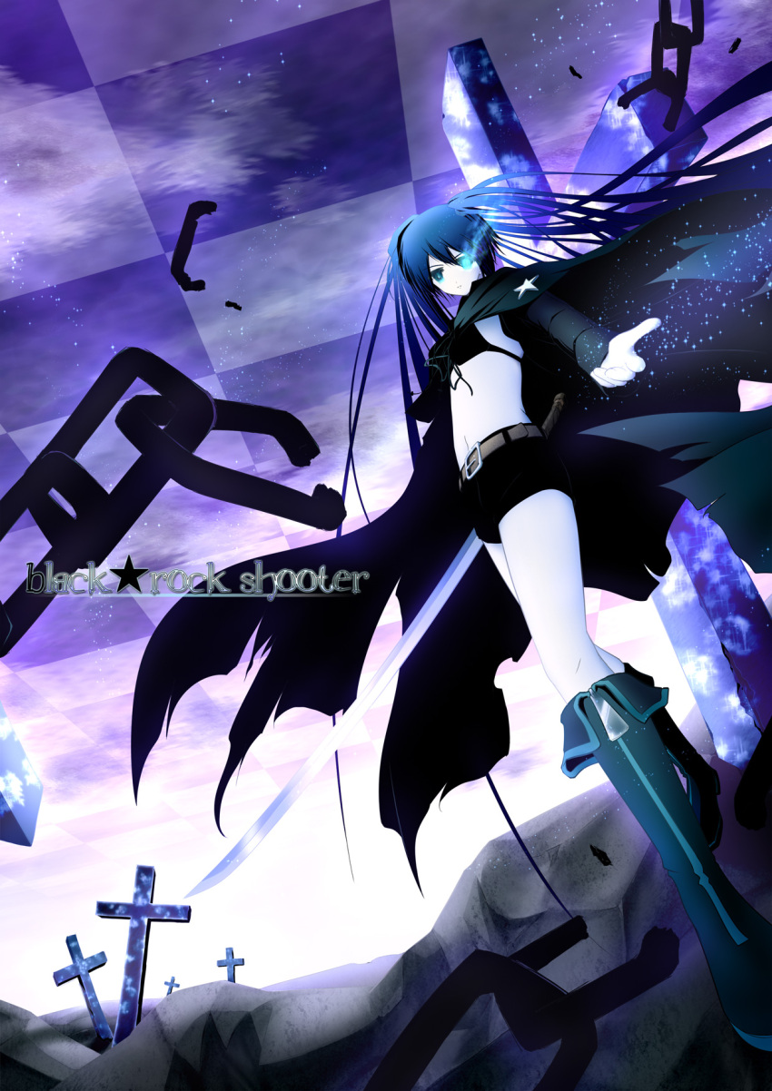 belt, black&acirc;&tilde;&hellip;rock_shooter, black_rock_shooter, black_rock_shooter_(character), blue_eyes, boots, cape, chain