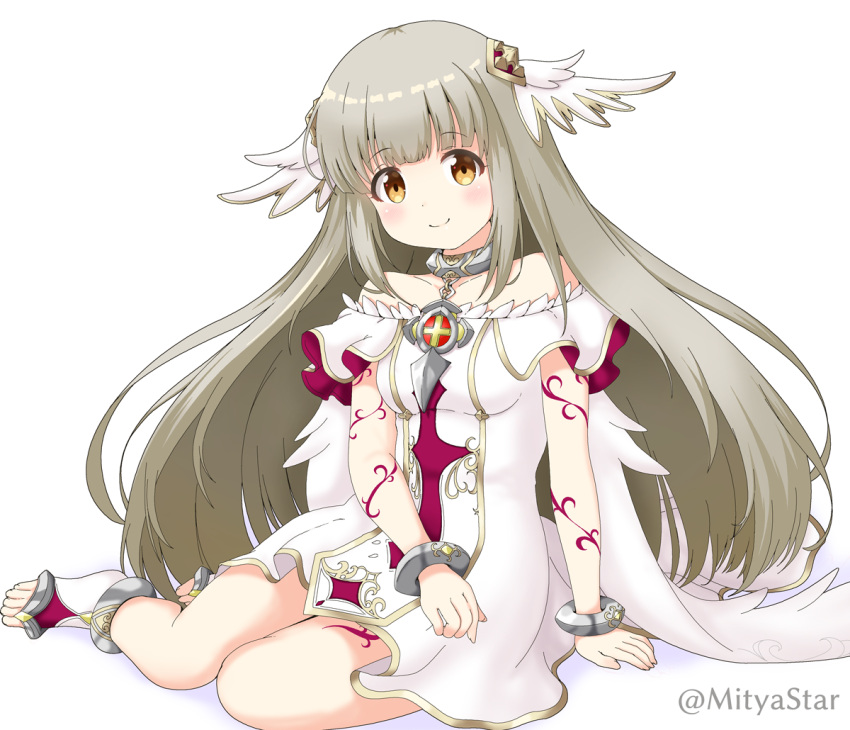 1girl, ankle_cuffs, bare_shoulders, blush, breasts, bridal_legwear, brown_eyes, brown_hair