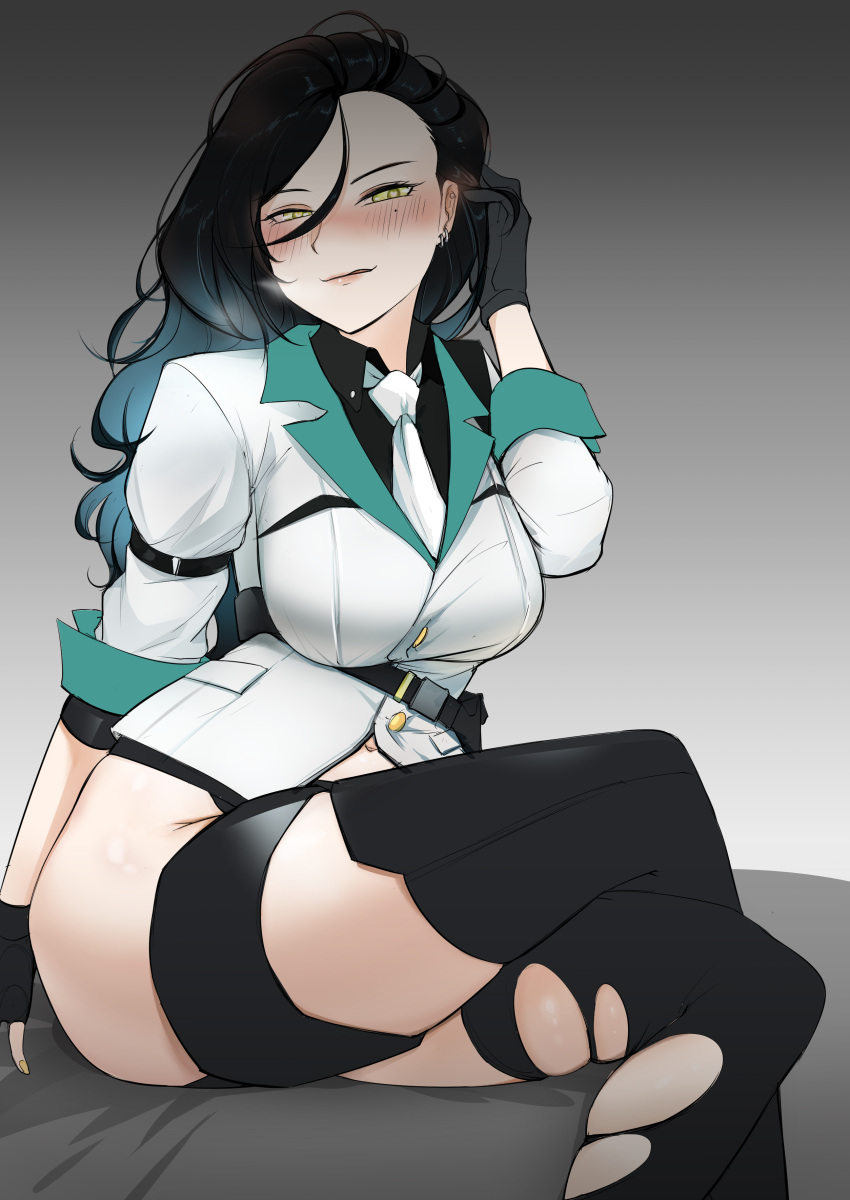 1girl, absurdres, belt, black_gloves, black_hair, black_legwear, blush, breasts
