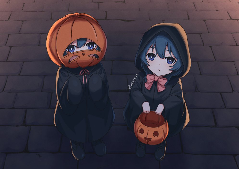1boy, 1girl, aequorine, blue_hair, bow, byleth_(fire_emblem), byleth_eisner_(female), byleth_eisner_(male), fire_emblem, fire_emblem:_three_houses, halloween_basket, halloween_costume, holding, hood, hood_up, jack-o'-lantern, long_sleeves, parted_lips, pink_bow, short_hair, sleeves_past_fingers, sleeves_past_wrists, twitter_username, younger