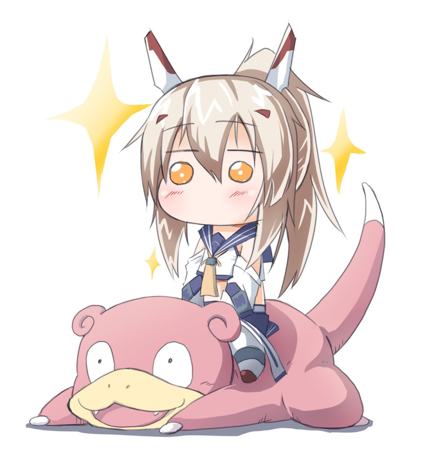1girl, ayanami_(azur_lane), azur_lane, blush, chibi, commentary_request, crossover, detached_sleeves