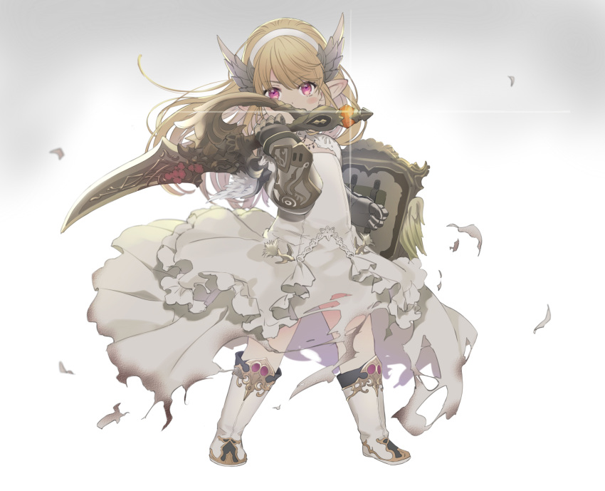 1girl, armor, babape, blonde_hair, boots, covered_mouth, dress, fighting_stance
