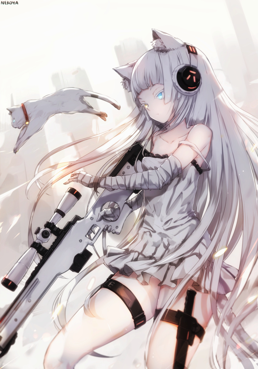 1girl, ai_arctic_warfare, animal, animal_ear_fluff, animal_ears, artist_name, awp_(girls_frontline)_(dyolf), bandaged_arm, bandaged_hands, bandages, bare_shoulders, blue_eyes, bolt_action, breasts, building, cat, cat_ears, closed_mouth, collarbone, colored_eyelashes, commentary_request, dress, dyolf, frilled_dress, frills, girls_frontline, glowing, glowing_eyes, gun, headphones, heterochromia, highres, holding, holding_gun, holding_weapon, knife, long_hair, looking_away, original, revision, rifle, signature, silver_hair, sleeveless, sleeveless_dress, small_breasts, sniper_rifle, sniper_scope, solo, strap_slip, trigger_discipline, very_long_hair, weapon, white_cat, white_dress, yellow_eyes