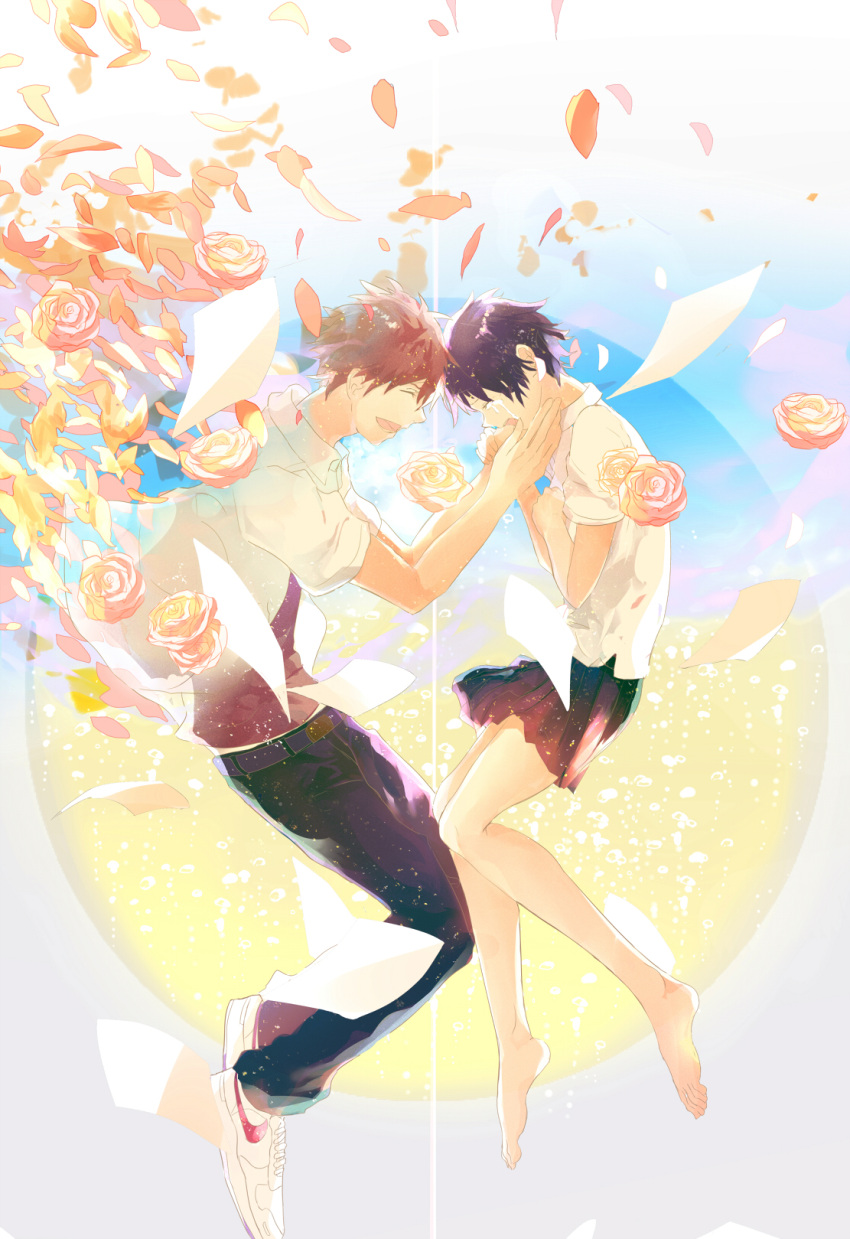 1boy, 1girl, :d, ^_^, air_bubble, bare_legs, barefoot, belt