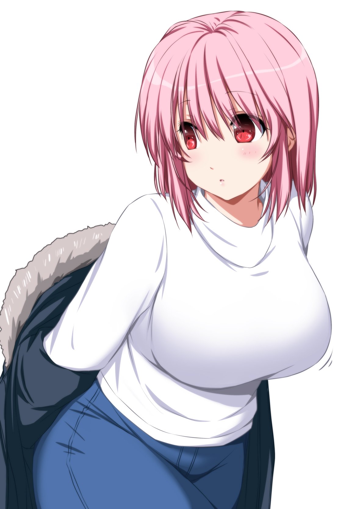 1girl, alternate_costume, bangs, black_coat, blue_pants, blush, breasts, casual