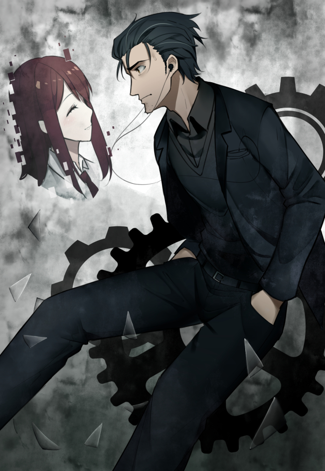 1boy, 1girl, amadeus, bangs, belt, belt_buckle, black_clothes, black_hair