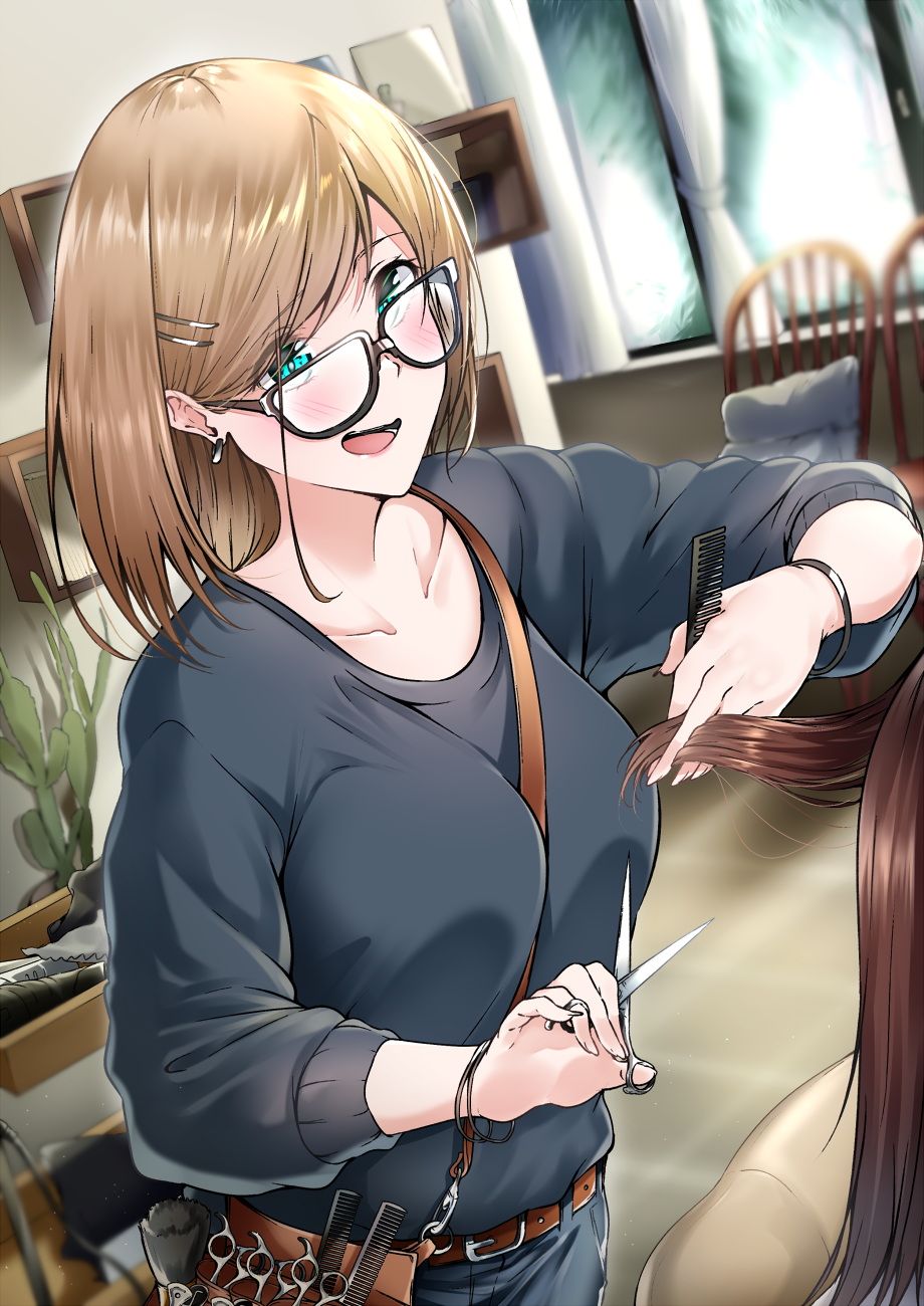 1girl, barber, belt, black-framed_eyewear, blue_eyes, breasts, brown_hair, brush