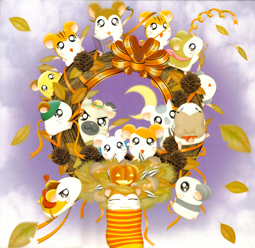 00s, 2005, 6+others, acorn, animal, bijou, boss_(hamtaro), calendar, cappy_(hamtaro), dexter_(hamtaro), halloween, hamster, hamtaro, hamtaro_(hamtaro), howdy_(hamtaro), jingle_(hamtaro), kawai_ritsuko, leaf, leaves, maxwell_(hamtaro), moon, no_humans, official_art, oxnard, panda_(hamtaro), pashmina, penelope_(hamtaro), pumpkin, ribbon, sandy_(hamtaro), shogakukan, snoozer, stan_(hamtaro), sunflower_seed, tms_entertainment