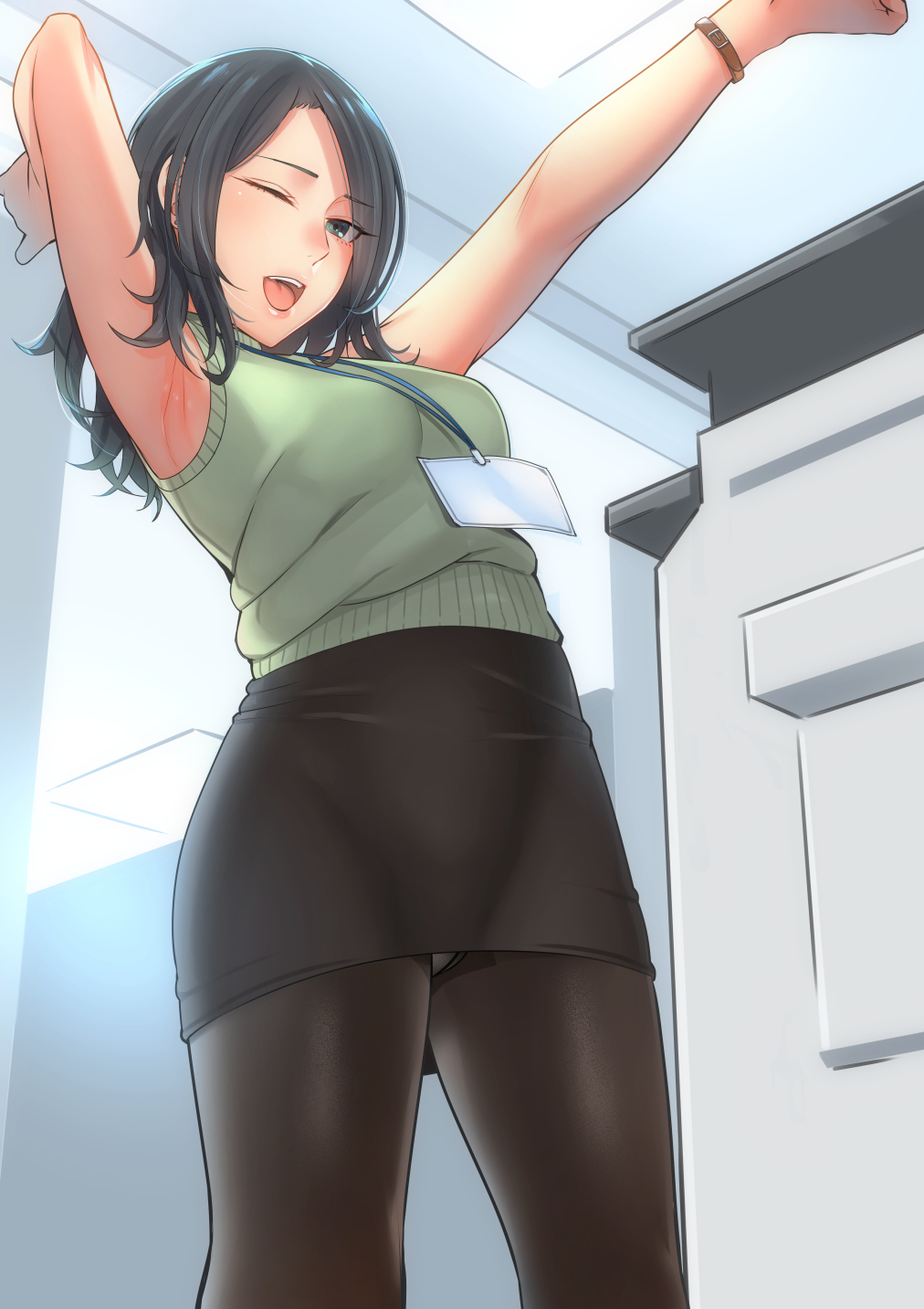 1girl, :d, armpits, arms_up, black_hair, black_legwear, breasts, brown_legwear, brown_skirt, commentary_request, copy_machine, cowboy_shot, crotch_seam, from_below, green_eyes, highres, id_card, indoors, kyuuso_inukami, long_hair, looking_at_viewer, looking_down, medium_breasts, office_lady, open_mouth, original, panties, panties_under_pantyhose, pantyhose, pantyshot, pantyshot_(standing), pencil_skirt, skirt, sleeveless, smile, solo, standing, stretch, underwear, upskirt, watch, watch, white_panties