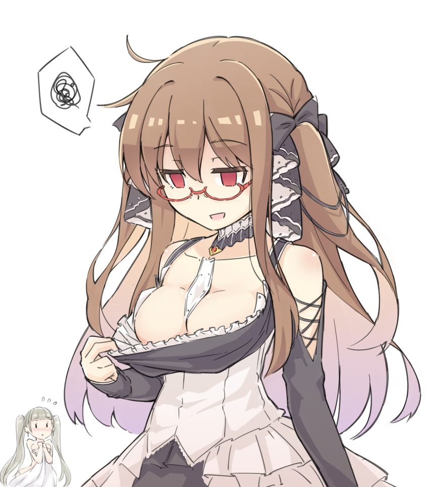 2girls, alternate_costume, azur_lane, between_breasts, blush, breasts, brown_hair, choker