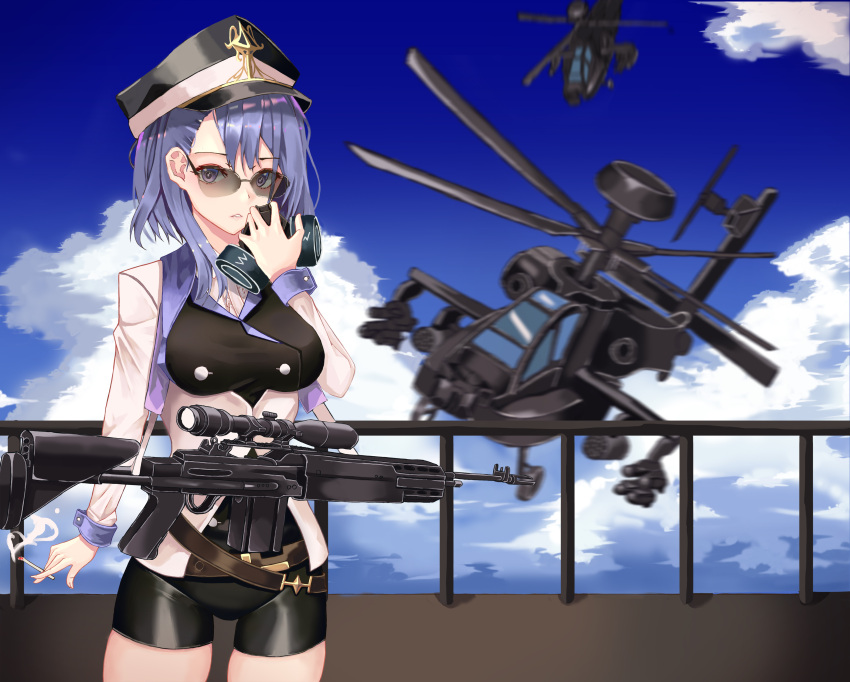 1girl, absurdres, aircraft, battle_rifle, belt, black_headwear, black_shorts, blue_sky