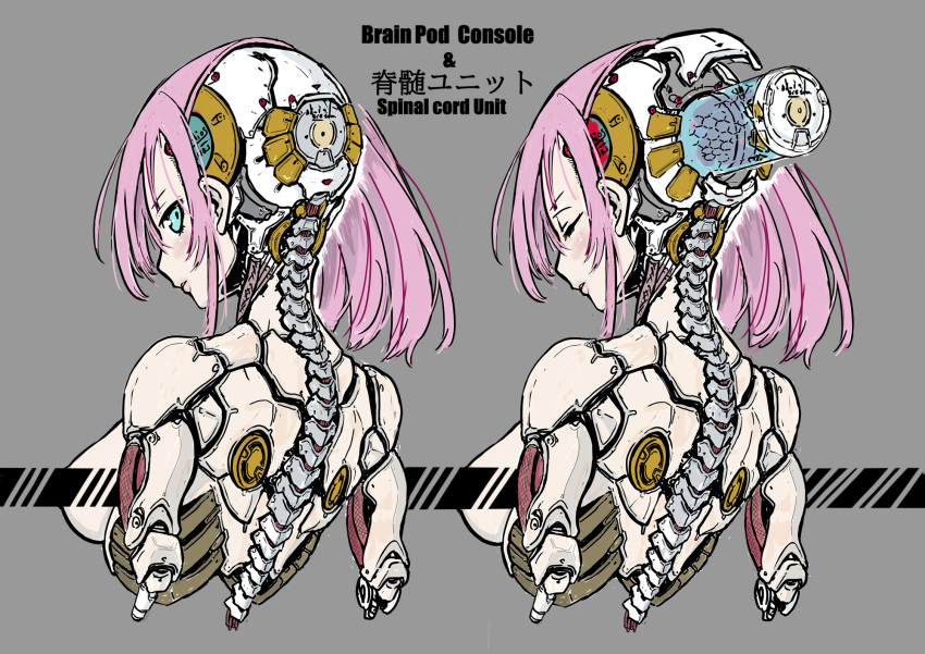 1girl, android, aqua_eyes, breasts, closed_eyes, commentary_request, grey_background, h1p-h0p8888, highres, large_breasts, looking_at_viewer, looking_back, mechanical_backbone, original, parts_exposed, pink_hair, robot_joints, science_fiction, translation_request