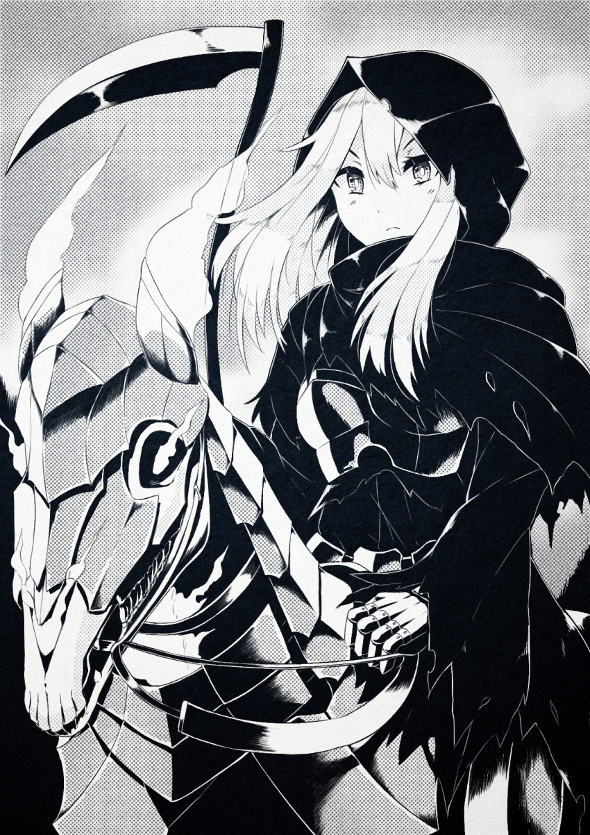 1girl, armor, breastplate, cloak, commentary_request, death_(entity), fantasy, frown