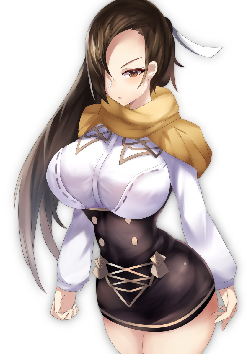 1girl, absurdres, breasts, brown_eyes, brown_hair, fire_emblem, fire_emblem:_three_houses, fire_emblem_fates, garreg_mach_monastery_uniform, hair_over_one_eye, high-waist_skirt, highres, huge_breasts, kagero_(fire_emblem), narrow_waist, scarf, shirt, skirt, tagme, taut_clothes, taut_shirt, tea_texiamato, wide_hips