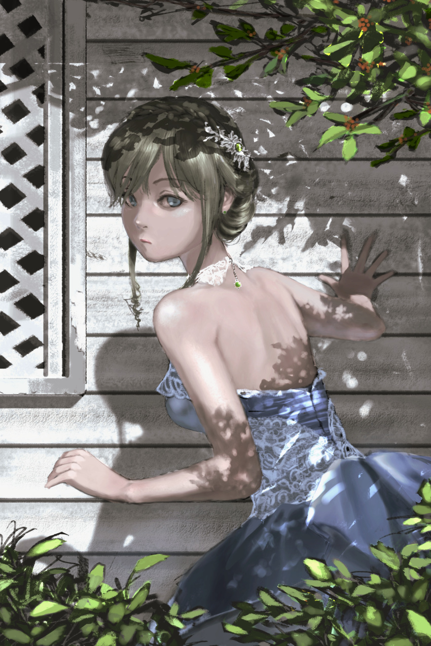 1girl, absurdres, back, bare_shoulders, blue_dress, braid, breasts, crown_braid, dappled_sunlight, day, dress, grey_eyes, hair_ornament, highres, large_breasts, looking_back, original, outdoors, princess, shadow, short_hair, sidelocks, standing, sunlight, tree, www_(201548)