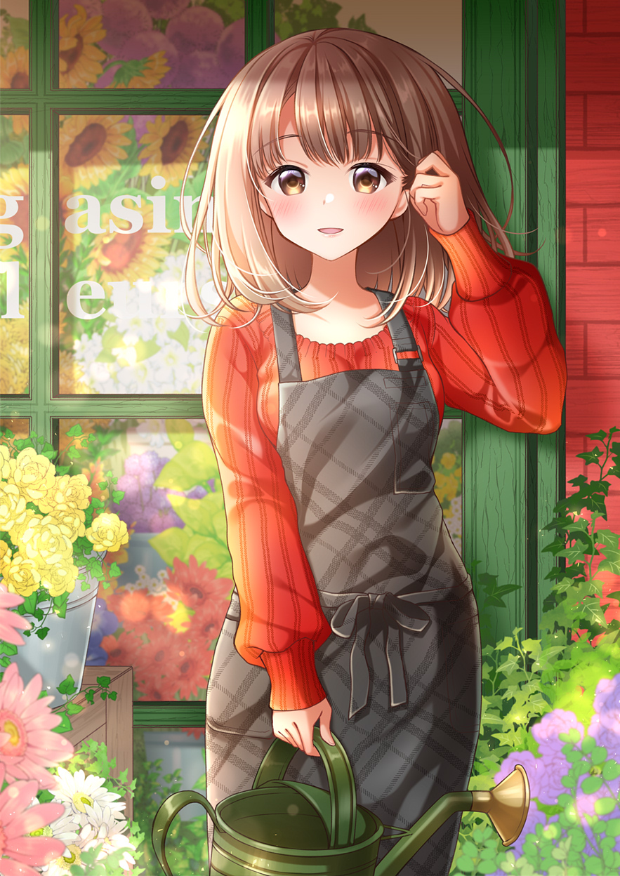 1girl, apron, breasts, brown_eyes, brown_hair, day, florist, flower