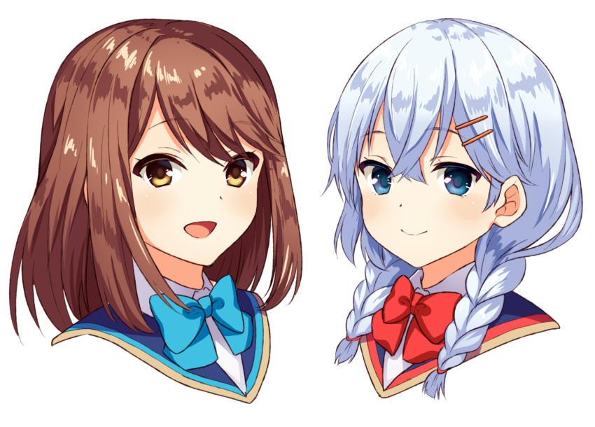 2girls, :d, bangs, blue_eyes, blue_neckwear, blush, bow, bowtie