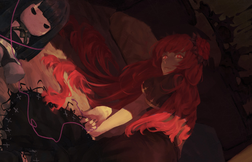 1girl, bed, black_dress, character_doll, commentary_request, cross, doll, dress