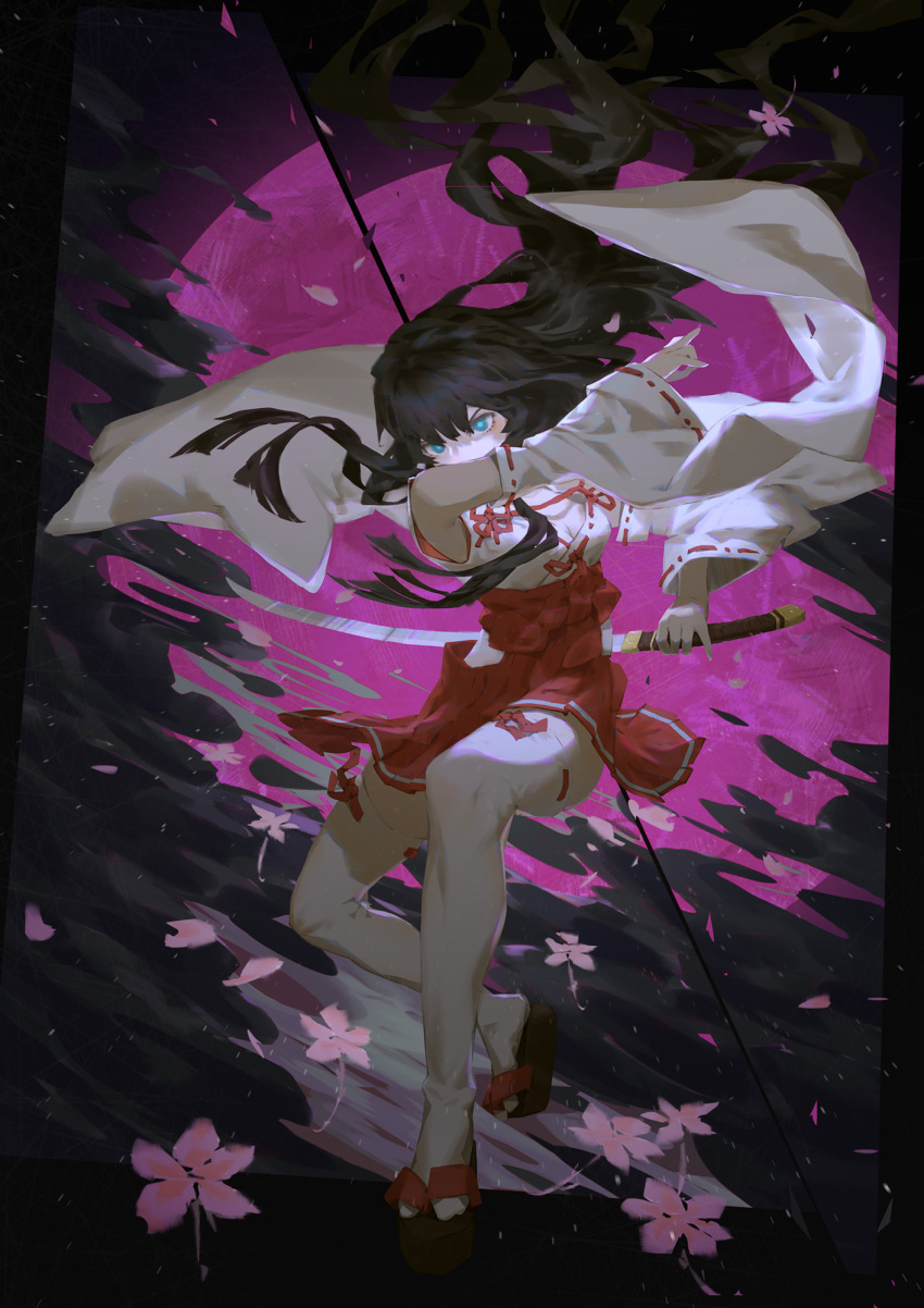 1girl, black_clouds, black_hair, blowing_leaves, blue_eyes, blunt_ends, commentary_request, detached_sleeves