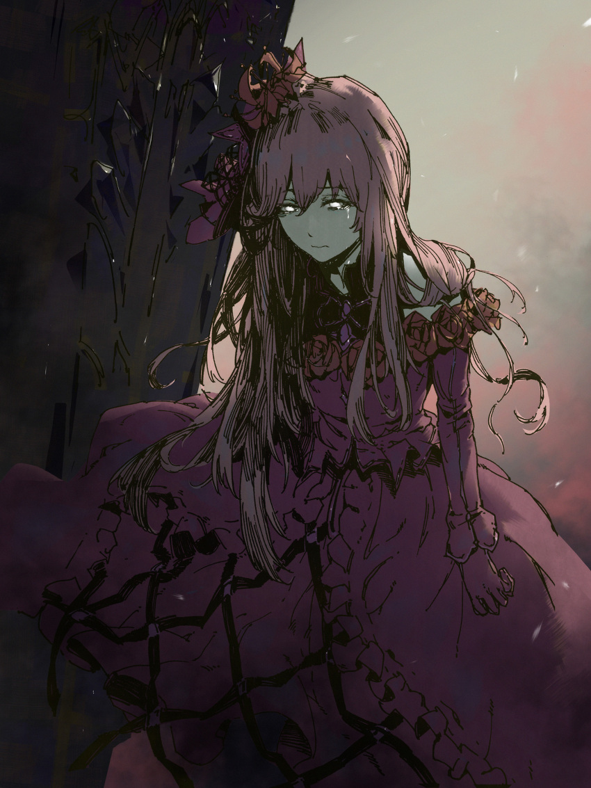 1girl, against_wall, arm_at_side, commentary_request, crying, dress, flower, flower_trim