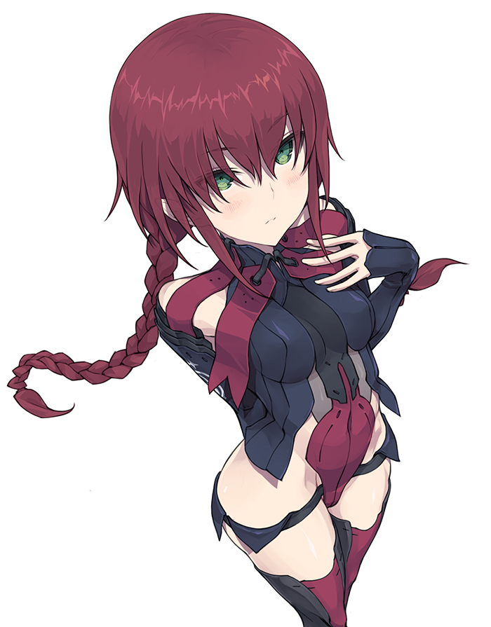 1girl, alice_gear_aegis, blush, braid, covered_navel, eyebrows_visible_through_hair, fujino_yayoi, green_eyes