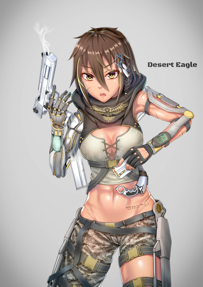 1girl, abs, absurdres, ammunition, arms_up, bangs, belt, body_writing, braid, breasts, brown_hair, buckle, bullet, cartridge, character_name, cybernetic, cybernetic_parts, cyberpunk, dancing_wolf, desert_eagle, desert_eagle_(girls_frontline), ejection, english_text, exoskeleton, eyebrows_visible_through_hair, facial_scar, fingerless_gloves, girls_frontline, gloves, gun, hair_ornament, handcannon, handgun, hexagram, highlights, highres, holding, holding_gun, holding_weapon, hood, karambit, locked_slide, looking_at_viewer, magazine_(weapon), mechanical, mechanical_parts, multicolored_hair, navel, open_mouth, original, pistol, reloading, scar, scar_on_cheek, science_fiction, short_hair, shorts, simple_background, small_breasts, smoke, smoking_gun, solo, star, star_hair_ornament, star_of_david, streaked_hair, weapon, yellow_eyes