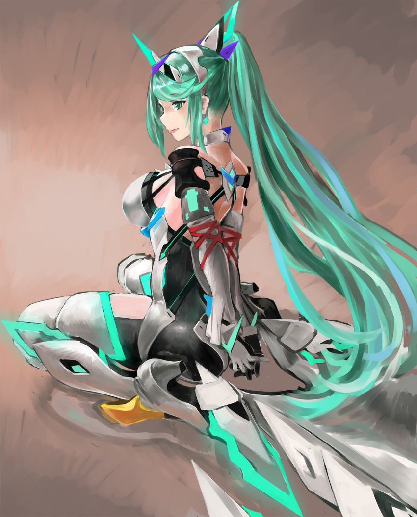 1girl, arms_behind_back, bound, bound_arms, breasts, earrings, from_behind, green_eyes